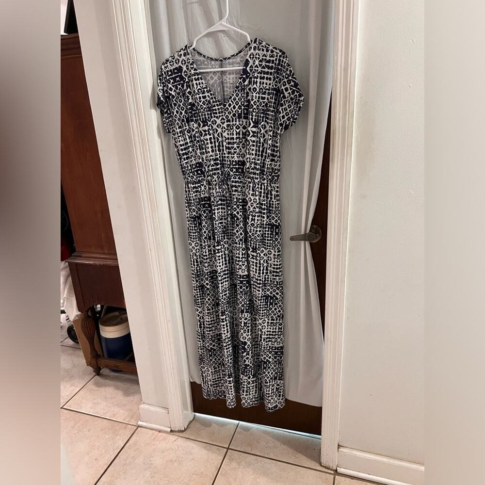 Anthropologie Garnet hill blue white geo print organic cotton maxi dress size s